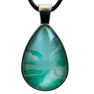 Handmade Teardrop Pendant Necklace Green White Fluid Art Cabochon Svetlana Yeung